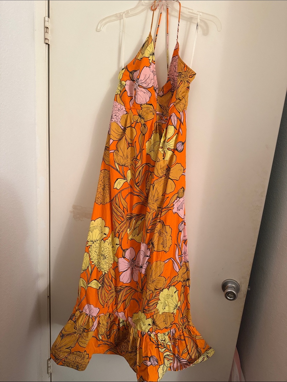 Anthropologie Orange Floral Maxi Dress with Pink & Yellow Accents